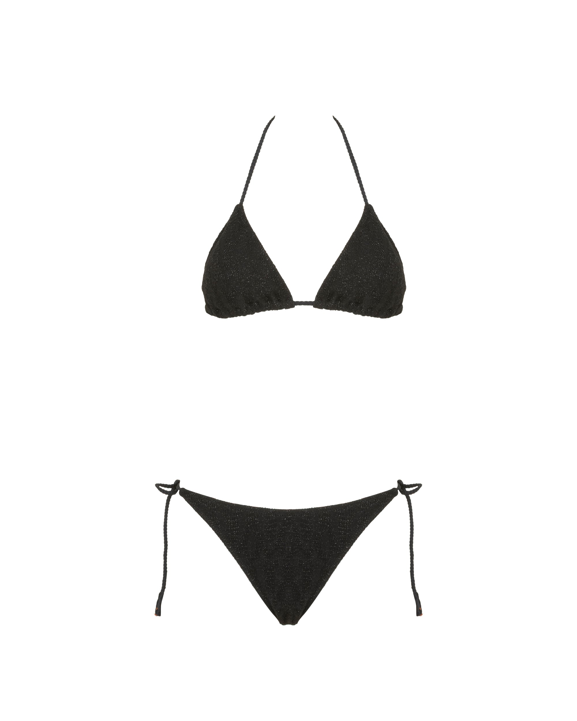 Bikini triangolo in maglia d'oro con slip laccetti